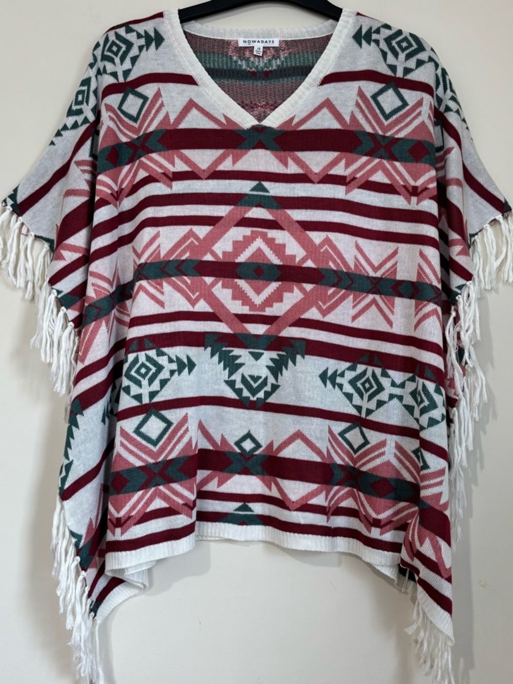 NOWADAYS Retro Boho Slouchy Geometric Aztec fringe trim pullover western Poncho
